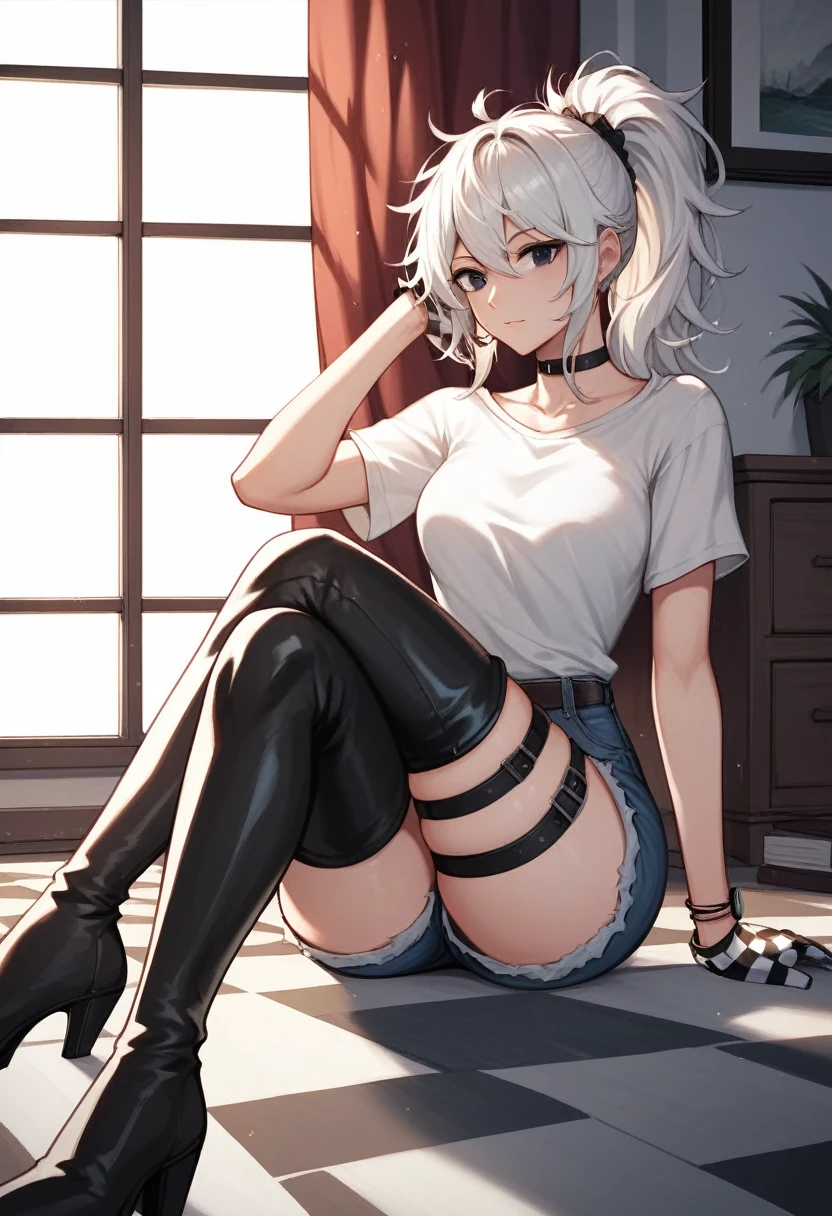 score_9, score_8_up, score_7_up, score_6_up, score_5_up, score_4_up, source_anime, 1woman, white hair, ponytail, black eyes, crossed legs, messy hair, white shirt, jeans shorts, leather bracelet, checkered gloves, thigh high boots, evening, hip strap, watch windows, sitting floor, pictures, rooms, chocker, best quality, best res, 4K UHD,
 