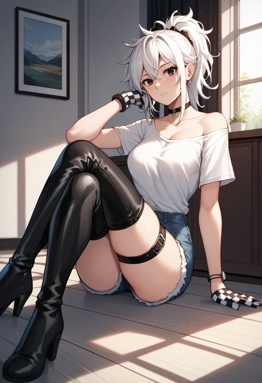 score_9, score_8_up, score_7_up, score_6_up, score_5_up, score_4_up, source_anime, 1woman, white hair, ponytail, black eyes, crossed legs, messy hair, white shirt, jeans shorts, leather bracelet, checkered gloves, thigh high boots, evening, hip strap, watch windows, sitting floor, pictures, rooms, chocker, best quality, best res, 4K UHD,