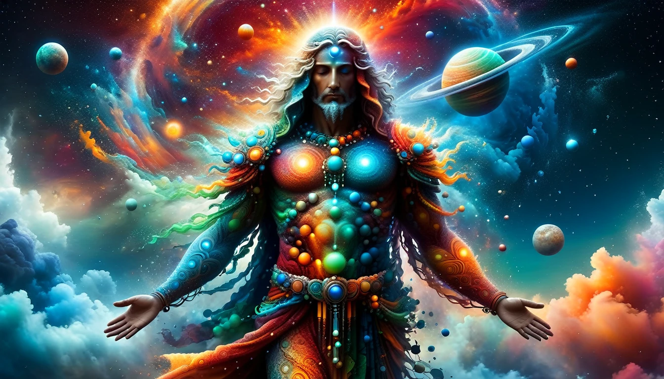 Crie uma imagem no estilo xilogravura quantum art arte digital arte surreal que retrate uma figura mística com características divinas, the figure is one chosen by the gods of spirituality,the figure is shrouded in clouds looking at the planets and ancestral signs,quantum art, Use a vibrant color palette, including blue, greens,reds ,oranges and whites, to create heavenly contrast and a stunning visual effect