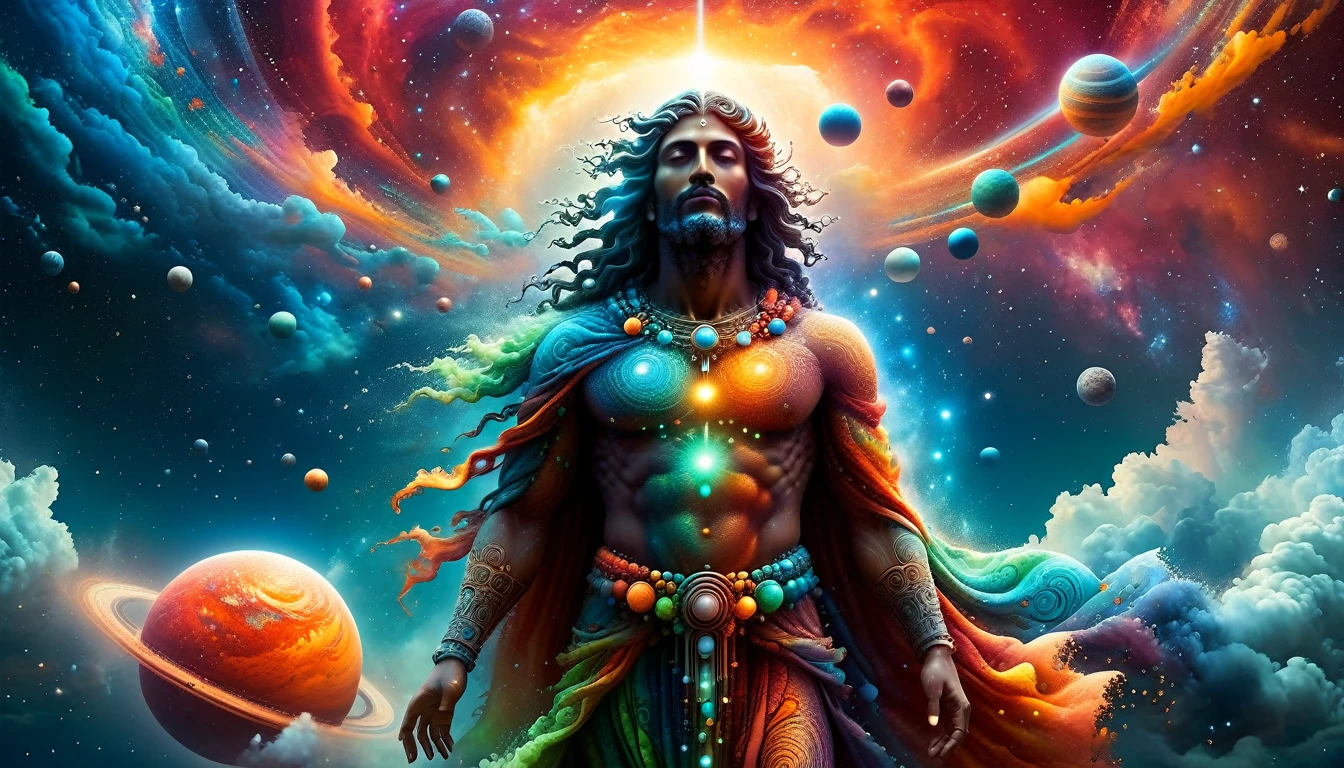 Crie uma imagem no estilo xilogravura quantum art arte digital arte surreal que retrate uma figura mística com características divinas, the figure is one chosen by the gods of spirituality,the figure is shrouded in clouds looking at the planets and ancestral signs,quantum art, Use a vibrant color palette, including blue, greens,reds ,oranges and whites, to create heavenly contrast and a stunning visual effect