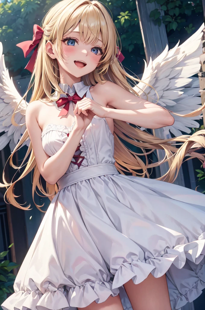 wht1,Absolute area,Open mouth smile,Beautiful background,best quality,masterpiece，Angel Girl, young，************，Blonde with wings, Hart neckline，Holding a bow and arrow
