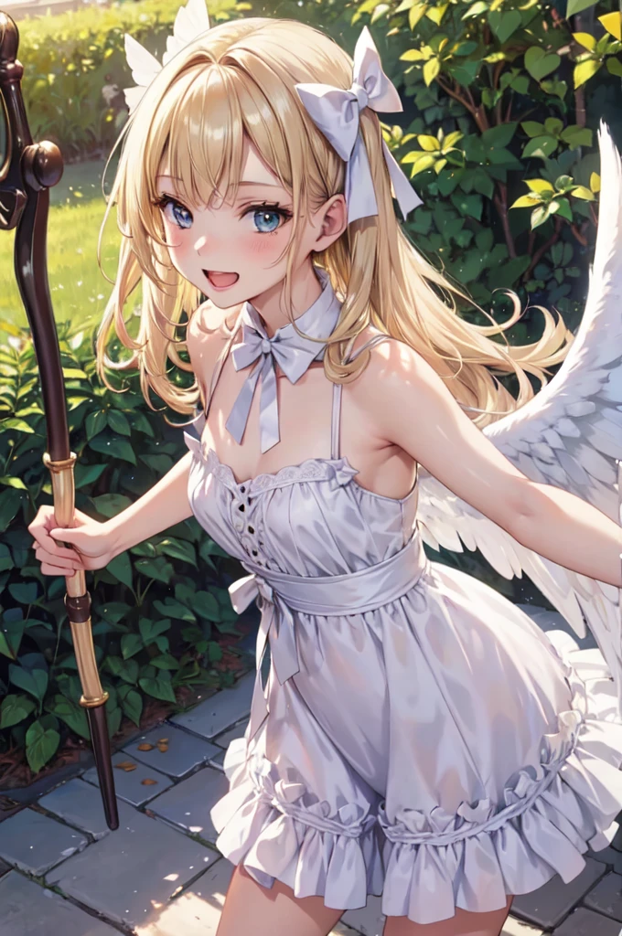 wht1,Absolute area,Open mouth smile,Beautiful background,best quality,masterpiece,Angel Girl, young,,Blonde with wings, Hart neckline,Holding a bow and arrow