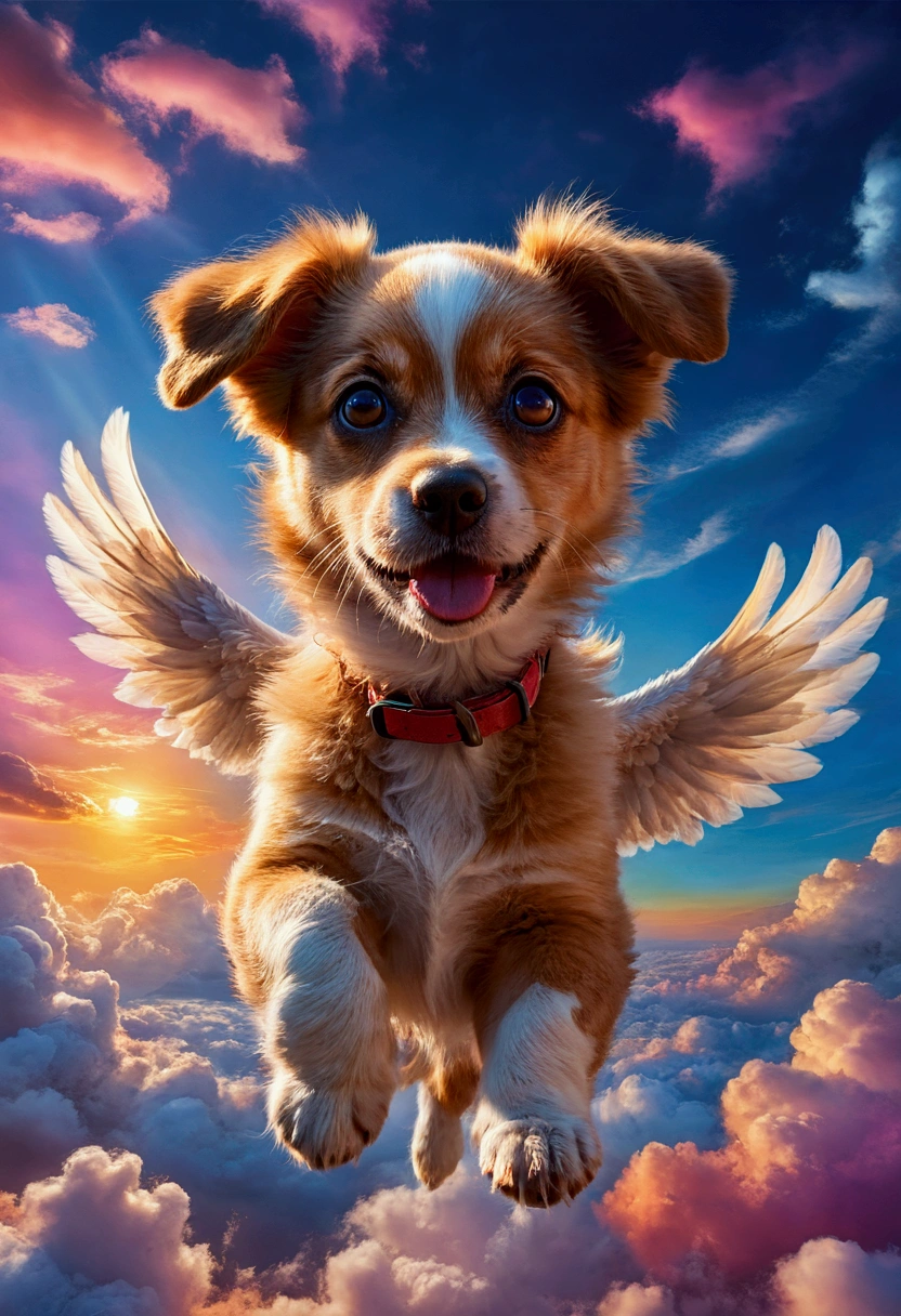 1dog, Flying Puppy, in the middle of the sky, in the sky, a cute puppy flying in the sky, fluffy fur, big eyes, adorable expression, against a colorful sunset sky, (4k,8k,highres:1.2), ultra-detailed, highly detailed, intricate details, soft lighting, warm colors, magical realism, fantasy, masterpiece, best quality, very aesthetic, absurdres