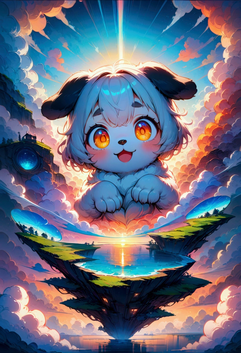 1dog, Flying Puppy, in the middle of the sky, in the sky, a cute puppy flying in the sky, fluffy fur, big eyes, adorable expression, against a colorful sunset sky, (4k,8k,highres:1.2), ultra-detailed, highly detailed, intricate details, soft lighting, warm colors, magical realism, fantasy, masterpiece, best quality, very aesthetic, absurdres
