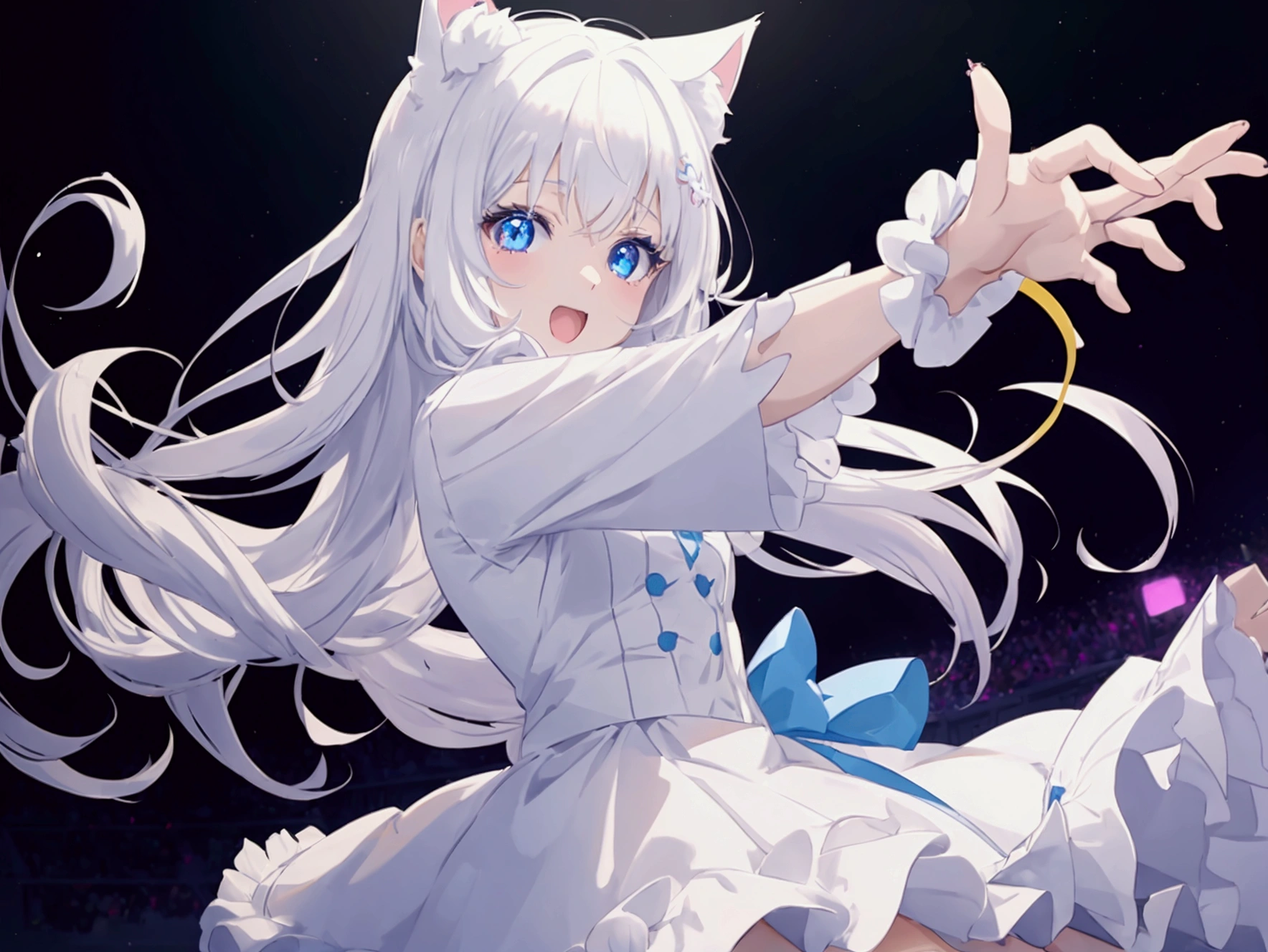 An anime girl with a pair of cat ears, the inside of the ears is soft white down, your eyes show happiness, she is excited and dancing excitedly, gorgeous eyes, White hair, blue colored eyes, good art, good drawing, 2D anime, 2d, cute, 2 hands and 5 fingers on each hand, beautiful hands, good hands drawn, 4K, 8k, ballad scene, neon lig, stage in the background, people around shadowed,