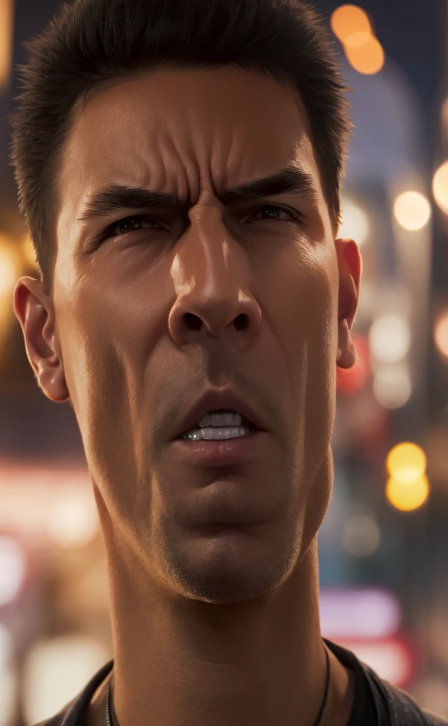 Close-up of a person standing in the street with the lights on, a character portrait inspired by Han Gan, CG society hot topic, Neo-Dada, Cyberpunk Old Man, Cinematic close-up bust shots, As a Tekken character, Drainage from the splice, UHD Realistic Face, Chinatown Blade Runner, Cyberpunk Art Ultra Realistic 8K