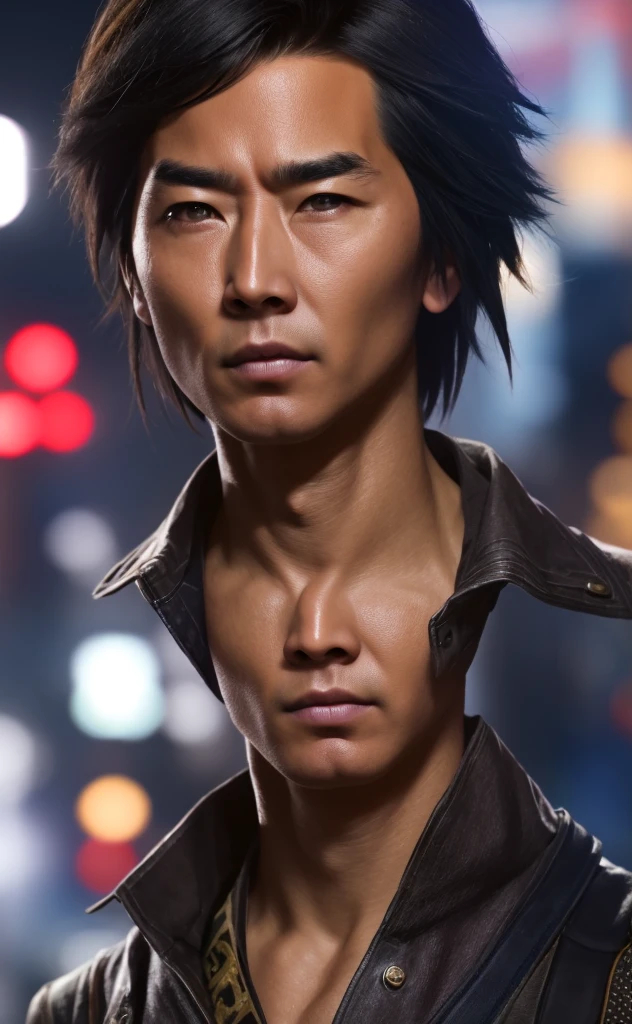 Close-up of a person standing in the street with the lights on, a character portrait inspired by Han Gan, CG society hot topic, Neo-Dada, Cyberpunk Old Man, Cinematic close-up bust shots, As a Tekken character, Drainage from the splice, UHD Realistic Face, Chinatown Blade Runner, Cyberpunk Art Ultra Realistic 8K