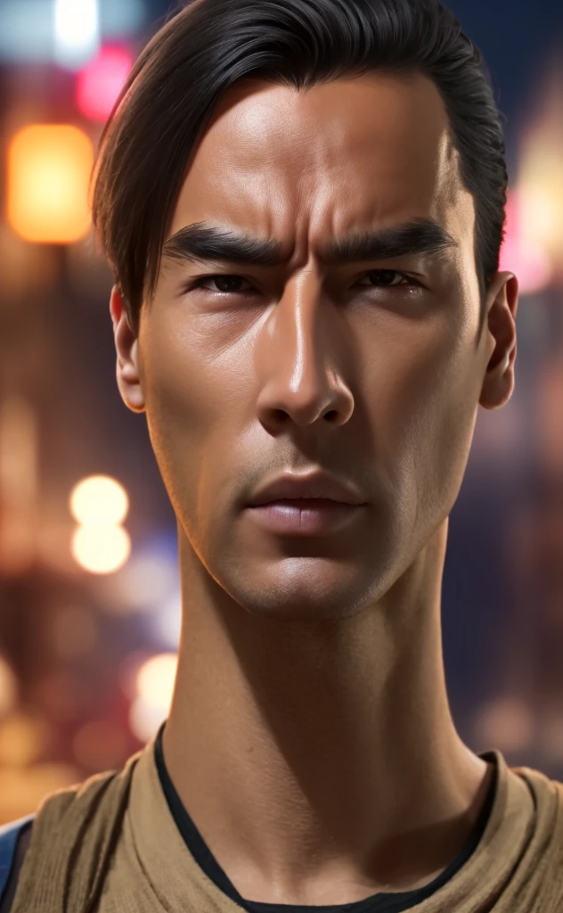 Close-up of a person standing in the street with the lights on, a character portrait inspired by Han Gan, CG society hot topic, Neo-Dada, Cyberpunk Old Man, Cinematic close-up bust shots, As a Tekken character, Drainage from the splice, UHD Realistic Face, Chinatown Blade Runner, Cyberpunk Art Ultra Realistic 8K