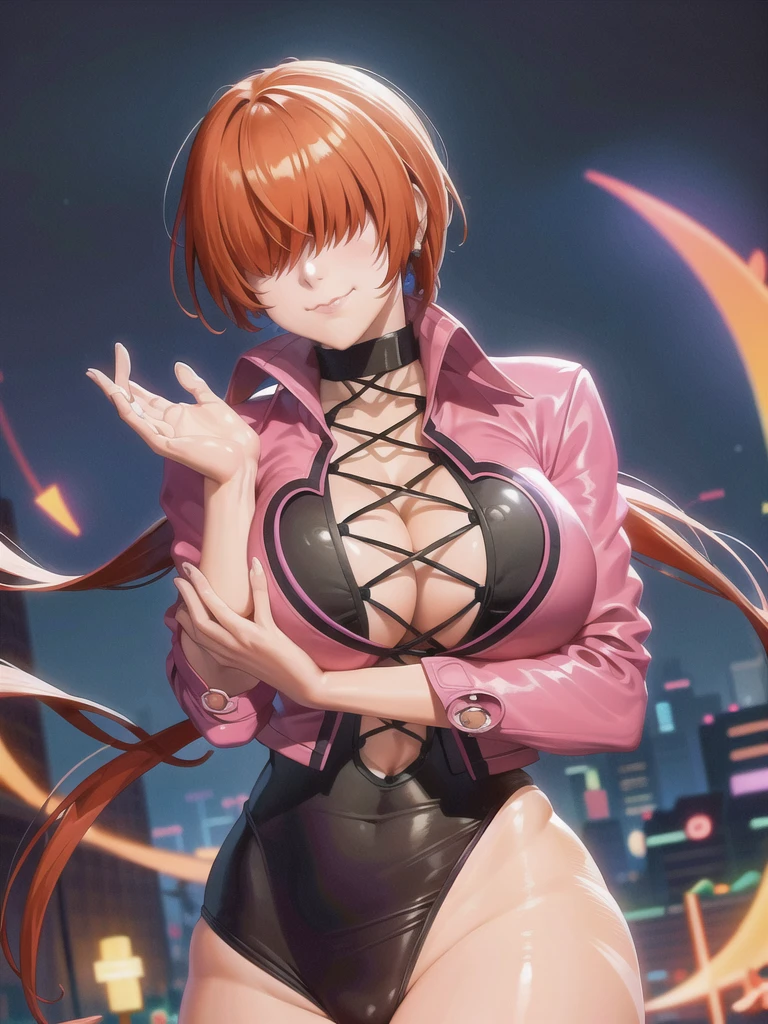 (at night), in a video game scene with a neon background and a neon light, standing at attention, pink suit, pink jacket, choker, neckline, cut of clothing, earrings, has long bangs in her hair that covers eyes ((hair over eyes)), 1 girl, 20 years old, young woman, beautiful finger, beautiful long legs, beautiful body, beautiful nose, beautiful character design, perfect face, looking at the viewer (focusing on her face) , closed mouth, Light_Smile, official art, extremely detailed CG unity 8k wallpaper, perfect lighting, bright and colorful front lighting, glowing skin, (masterpiece: 1.0), (best_quality: 1.0), ultra high resolution, 4K, photography ultra detailed, 8K, HDR, high resolution, absurdities:1.2, Kodak portra 400, film grain, blurred background, bokeh:1.2, lens flare, (vibrant_color:1.2), professional photography, (Beautiful, breasts: 1.4), (beautiful_face: 1.5 ), (narrow waist),