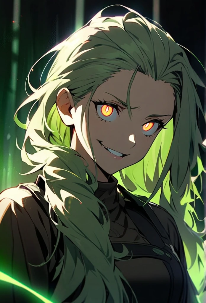 Handsome, solo, 1 girl, light green hair, cyan eyes, 1 girl, beautiful, long hair, detailed, Hair Slicked Back, Messy Hair, Hair Over Shoulder, Glowing Light, Bright Pupils, Smirk, Wide-Eyed, Evil Smile, Amber Eyes, 