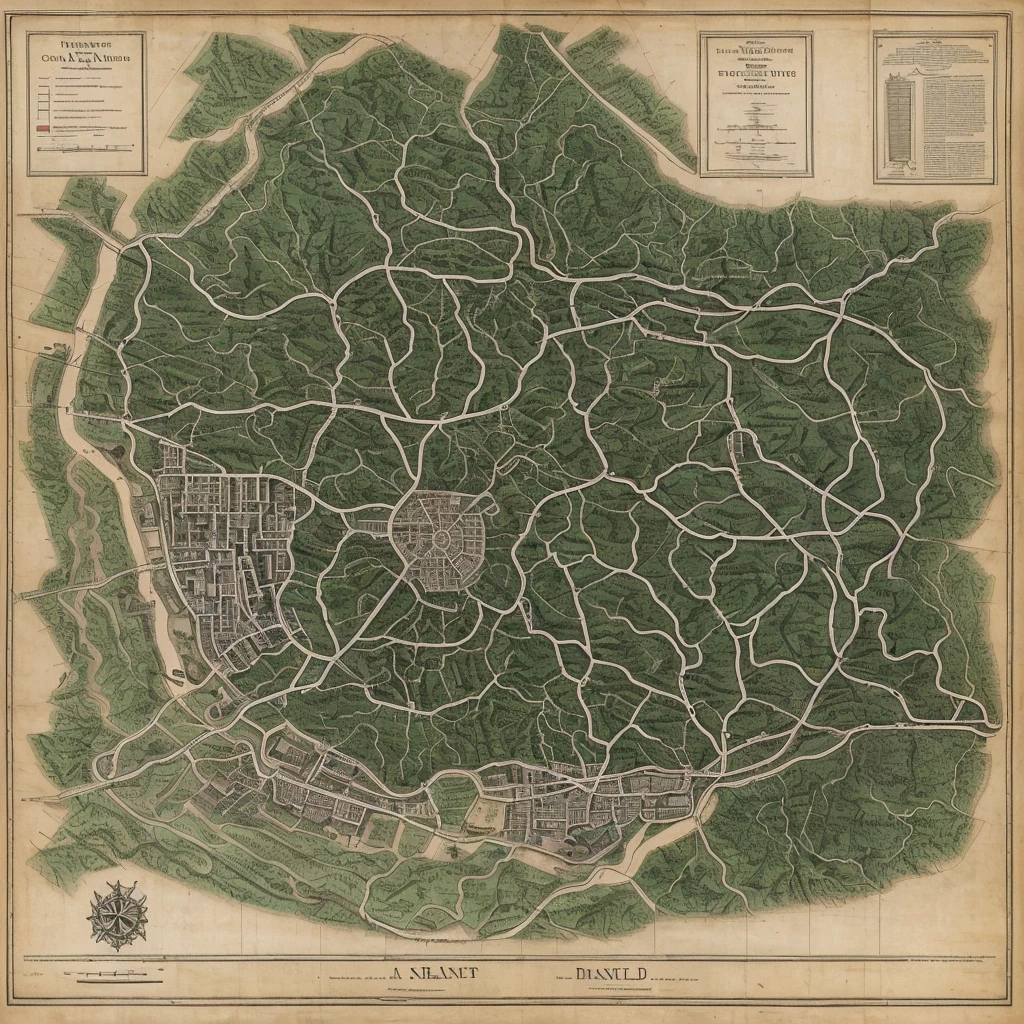 An ancient geographical map of a dark forest with strange markings. The forest has a strange shape similar to the outline of the city. Three thin rivers of time are marked there. Which cross the forest and stretch further.
There are five narrow roads that stretch along the forest and have branches. Also marked on the map: statue of the goddess of magic, tree of the dead, house, the small poisonous lake is shaped like an anatomical heart, waterfall of memories, the cave of the ancients and the meadow of eternal sleep. Which stretch along the road scattered all over the map.
Outlines of towns and villages can be seen outside the forest. Similar to a map from computer games or fantasy books. The map is schematic, hand drawn in black ink on parchment