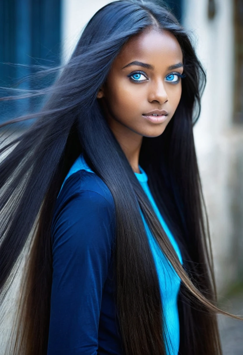black girl withe veryvery long hair and blue eyes