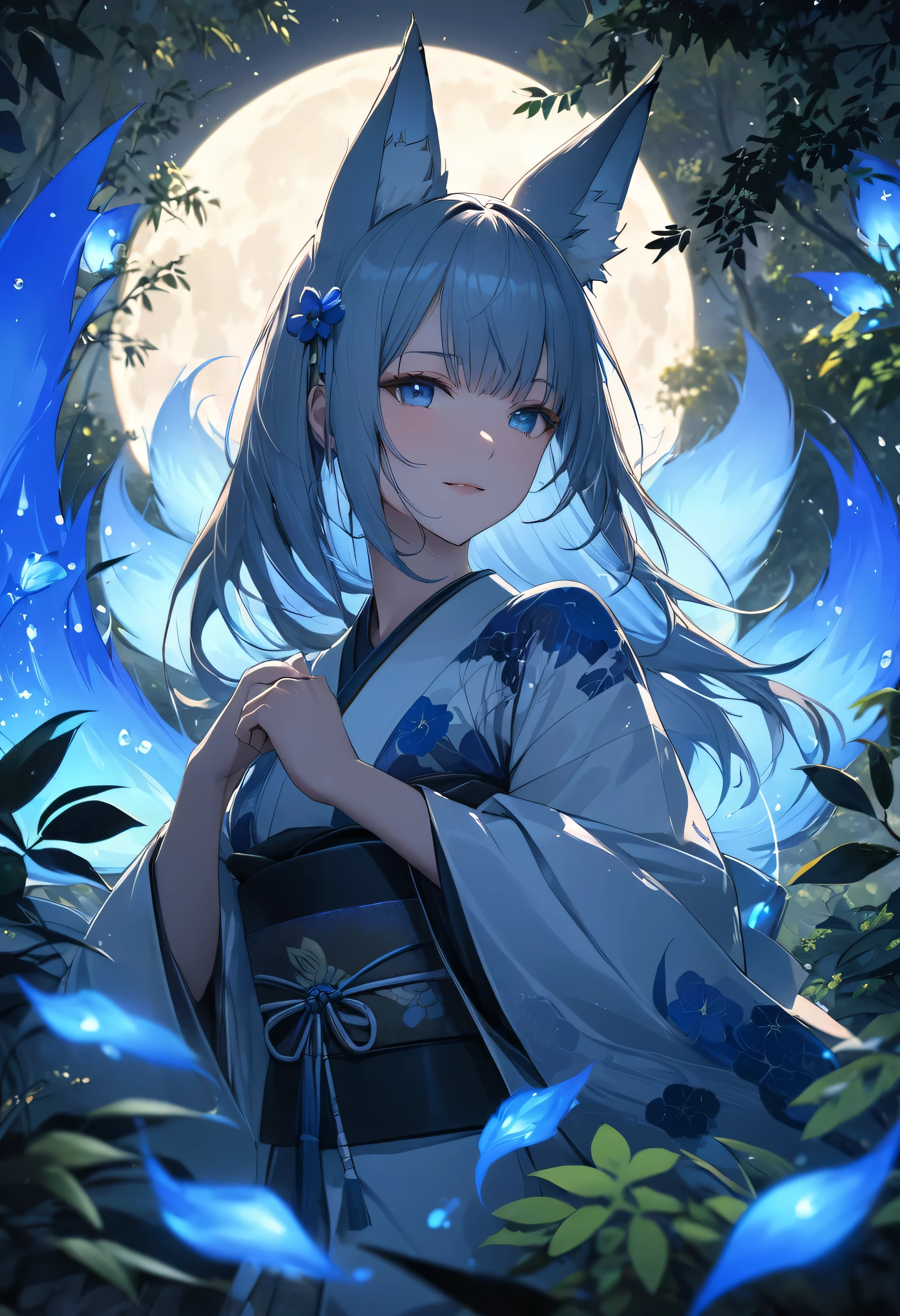 Masterpiece, Extremely detailed, beautiful, perfect face e, close distance shot, (A beautiful kitsune woman peering through the leaves in a dense forest) , {she is surrounded by motes of blue fire}, facing viewer, (dynamic pose) , fox ears, nine fox tails, traditional Japanese clothing. Japanese sandels, ((vegetation in the forground, dew, subject partially obscured by vegetation)) , ((moonlit night)) 