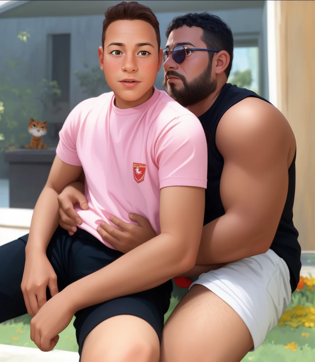 Realistic portrait of a seven-year-old boy, He wears a red shirt . His face is childish and exploratory . He goes out cautiously into the garden of the house, A small cat is among the bushes and he touches it cautiously ,Not facing the camera,, Hair is untidy ,