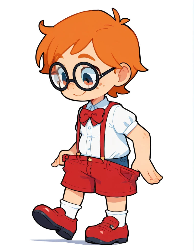 solo, The Q version of the cute human, male, orange hair, freckles, short hair, round eyeglasses, big eyeglasses, human ears, looking down, undressing, pulling down his pants, bare feet, shoes scattered in the ground, body being partially exposed,, smiling, eyes looking down, happy, smile, cute, white background, full body, red bowtie, preppy uniform, short pants, long white socks, old shoes, paperboy outfit, victorian outfit, suspenders, shorstack, chubby,