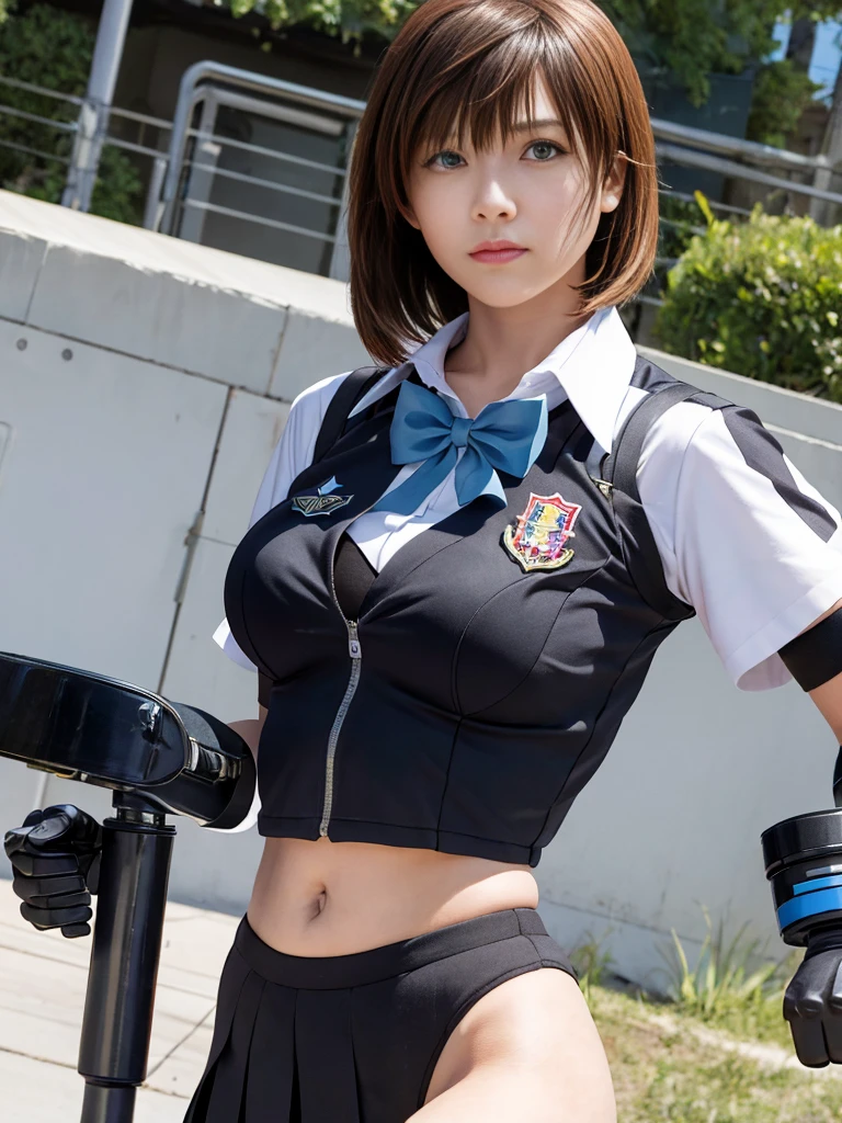 (Muscular:2.3), (thick thighs:2.5),
(asian female, pale skin, brown hair:1.5), (pixie cut, short hair, crop cut:1.7),
(eyeshadow, lipstick),
detailed eyes, (big smile:1.5), detailed skin,
(small breasts:1.5),
(white shortsleeve school top, school uniform:1.8), (blue flared pleated skirt:1.6), (midriff, fingerless karate gloves:1.4),
(upper body view), (looking at viewer), (three quarter view),
(japanese street:1.3), rim lighting, two tone lighting, dimly lit