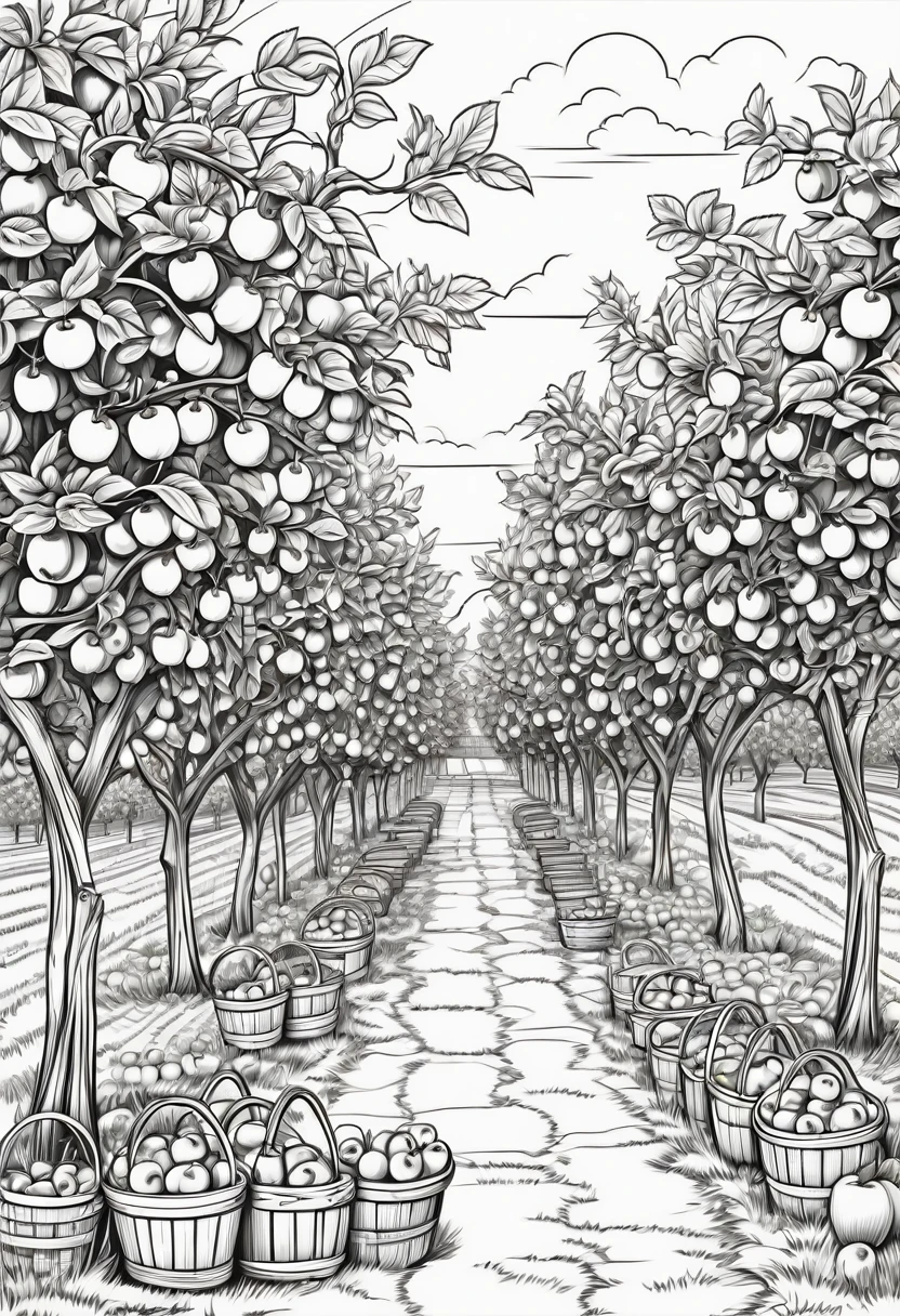 coloring page for kids, Apple orchard with baskets of apples, thick lines