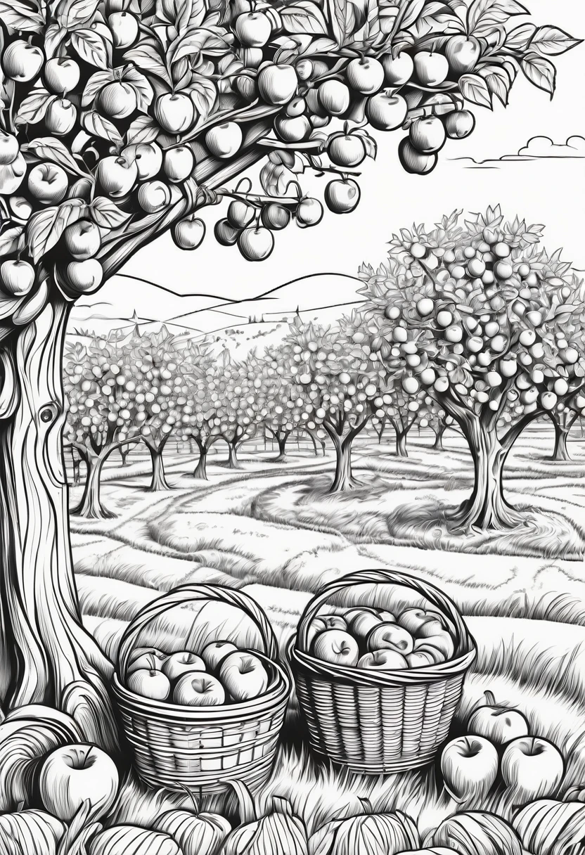 coloring page for ????, Apple orchard with baskets of apples, thick lines
