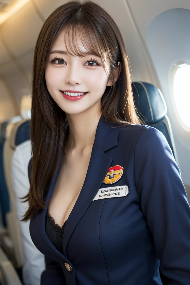 Airplane stewardess uniform, Highest quality, shape, Very detailed, In detail, High resolution, 8k wallpaper, Perfect dynamic composition, Beautiful details,  Natural Lip, Stewardess Costume, Big Breasts, Cleavage, She is smiling in a cute pose.., A masterpiece of the whole body, Side Short