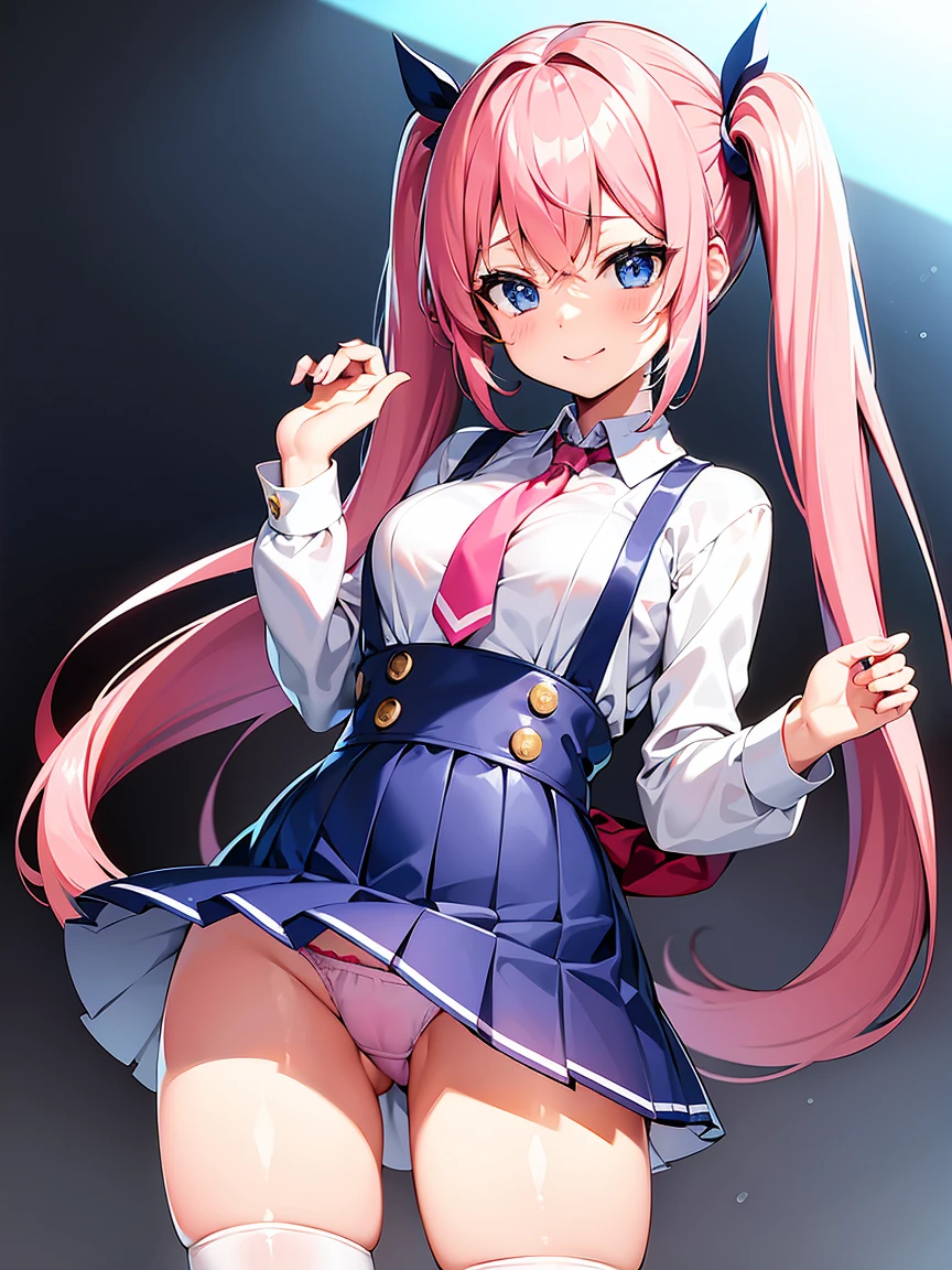 Young and cute anime style girl with long pink hair tied in two tails with blue ribbons. Big, expressive blue eyes and a mischievous smile. Small and slender build, with considerable bust and light skin. CLOTHES: White buttoned shirt with red tie, navy blue pleated skirt, black knee high socks and brown loafers. Your shirt is partially blossomed, revealing a glimpse of her cleavage. background: Sakura is a popular and outgoing high school student with a reputation for being flirtatious and playful., pull panties