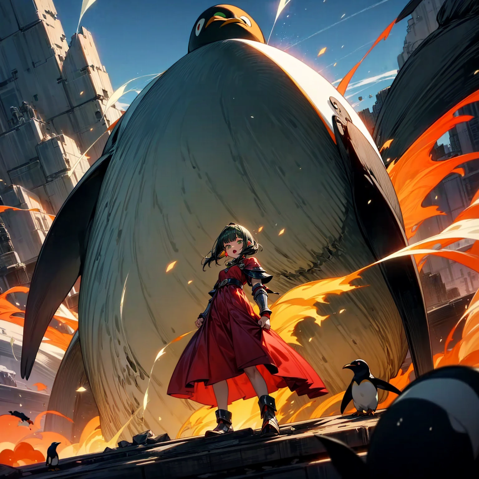 Full body version, one girl sat on his back largest one penguin, one girl has green hair, wavy bob hairstyle, green eyes, red earrings, long dress clothing style, red color clothes, Meanwhile, the penguin is very big, largest body, muscles, Metallic armor in body, wearing head armor, angry penguins, penguins destroy the city, open mouth emitting a large fire laser), (full background of destroyed city, fire, smoke effect, evening silhouette light, bright light from the penguin mouth)