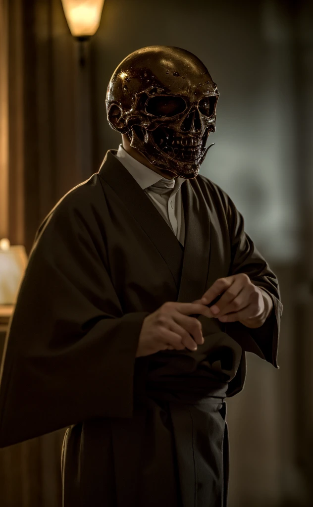 8k、Ultra HD、Horror-themed movie stills,夜の町の中央にCreepyに立っている、A short, skinny, bald old man wearing a traditional Japanese kimono with narrow eyes and a large head、Alien head shape、Carrying a walking stick、Shallow depth of field, Vignette, Very detailed, High budget, Bokeh, CinemaScope, Sulky, amazing, nice, Film Grain, granular . Creepy, Anxious, dark, Creepyな, Suspenseful, strict, Very detailed