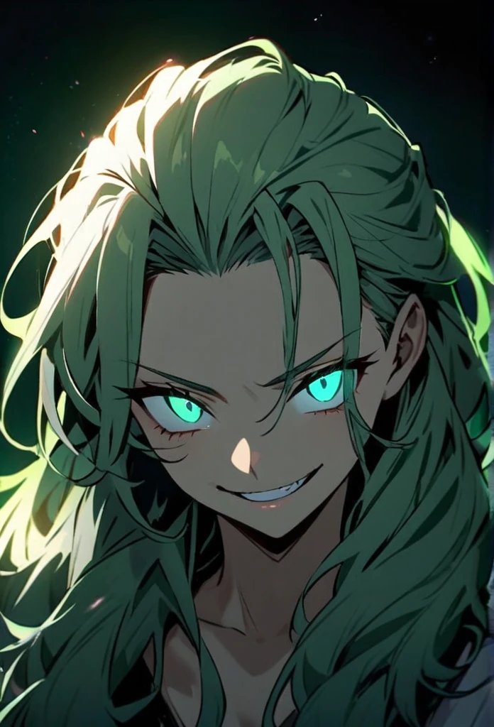 Handsome, solo, 1 girl, light green hair, cyan eyes, 1 girl, beautiful, long hair, detailed, Hair Slicked Back, Messy Hair, Hair Over Shoulder, Glowing Light, Bright Pupils, Smirk, Wide-Eyed, Evil Smile, Amber Eyes,
