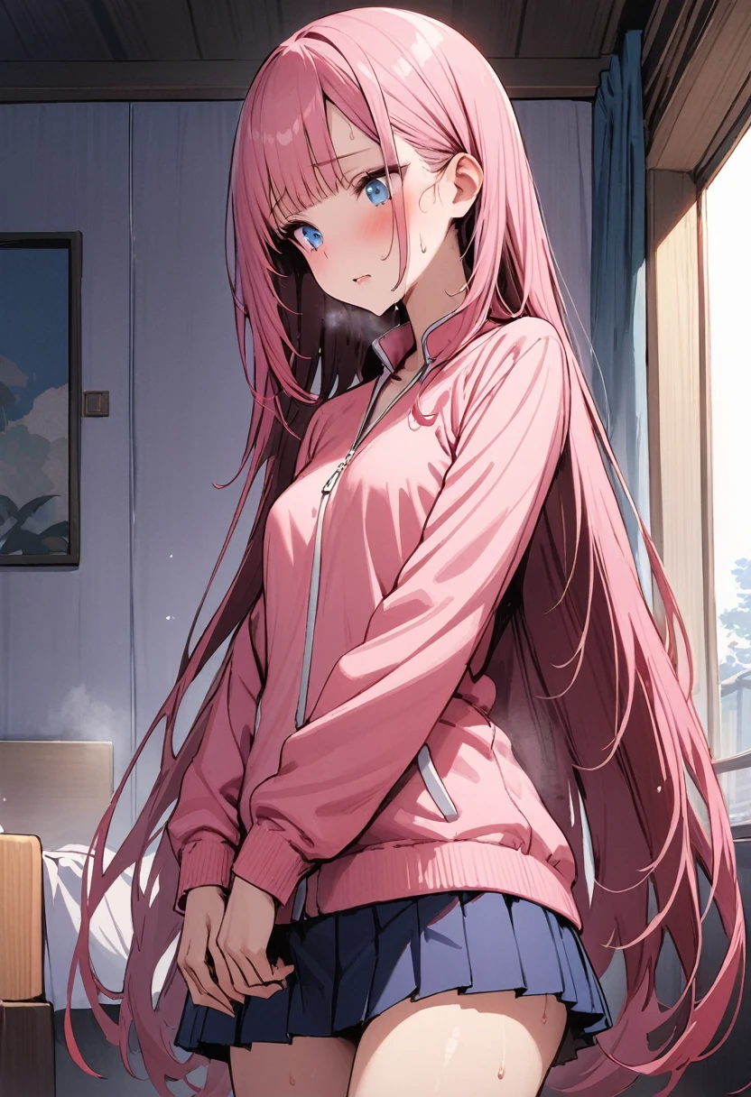 ((masterpiece,Highest quality:1.3,best quality illustration)),cowboy shot,独奏,1woman,(Mature Beauty),pink hair,straight long hair,bangs,light blue eyes,(gorgeous eyes),((very small head:1.3)),shy,((very long body:1.2,skinny)),small breasts,((Pink baseball jacket、Navy blue pleated mini skirt)),gleaming skin,oily skin,slender body,sweat,standing,Simple bed、Simple hotel bedroom、nsfw,