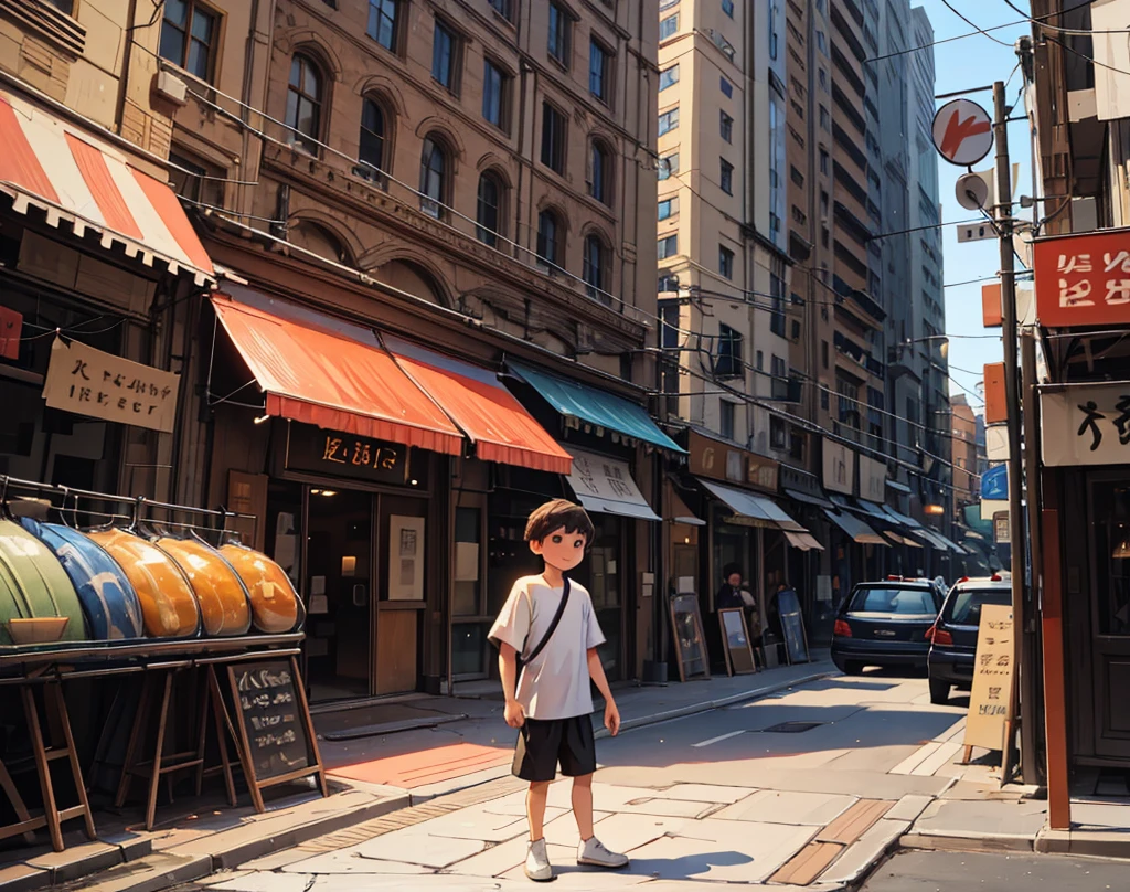 "A simple villager(boy) arrives in a bustling city, looking around in awe."