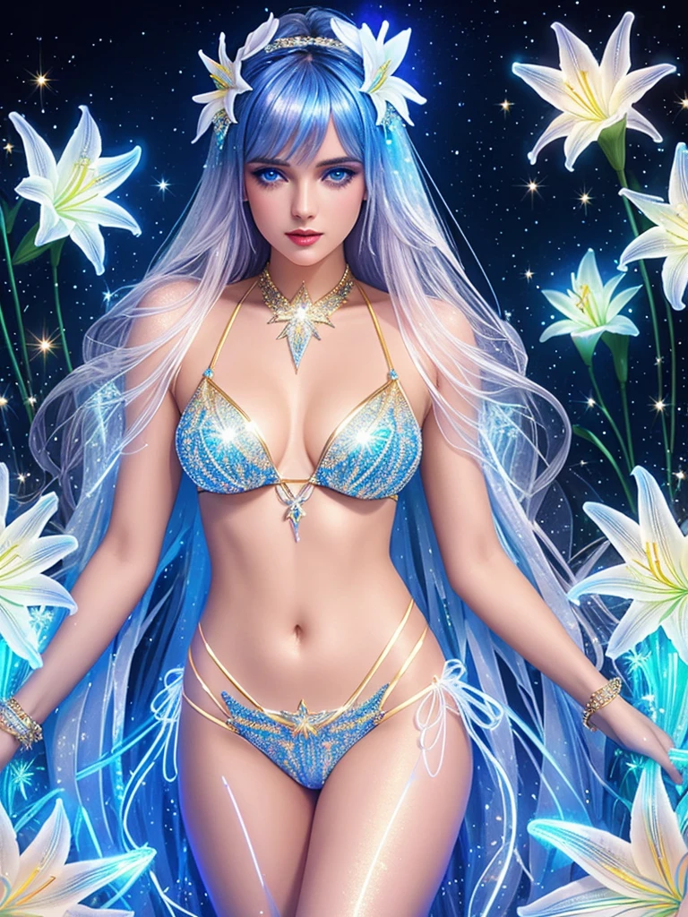 stardust, clear gold and white neon lines, excellent drawing, hyperdetalization, patterned bikini made of crystal lilies, beauty, lilies, blue neon illumination, glitter, sparks, glow, natural pose