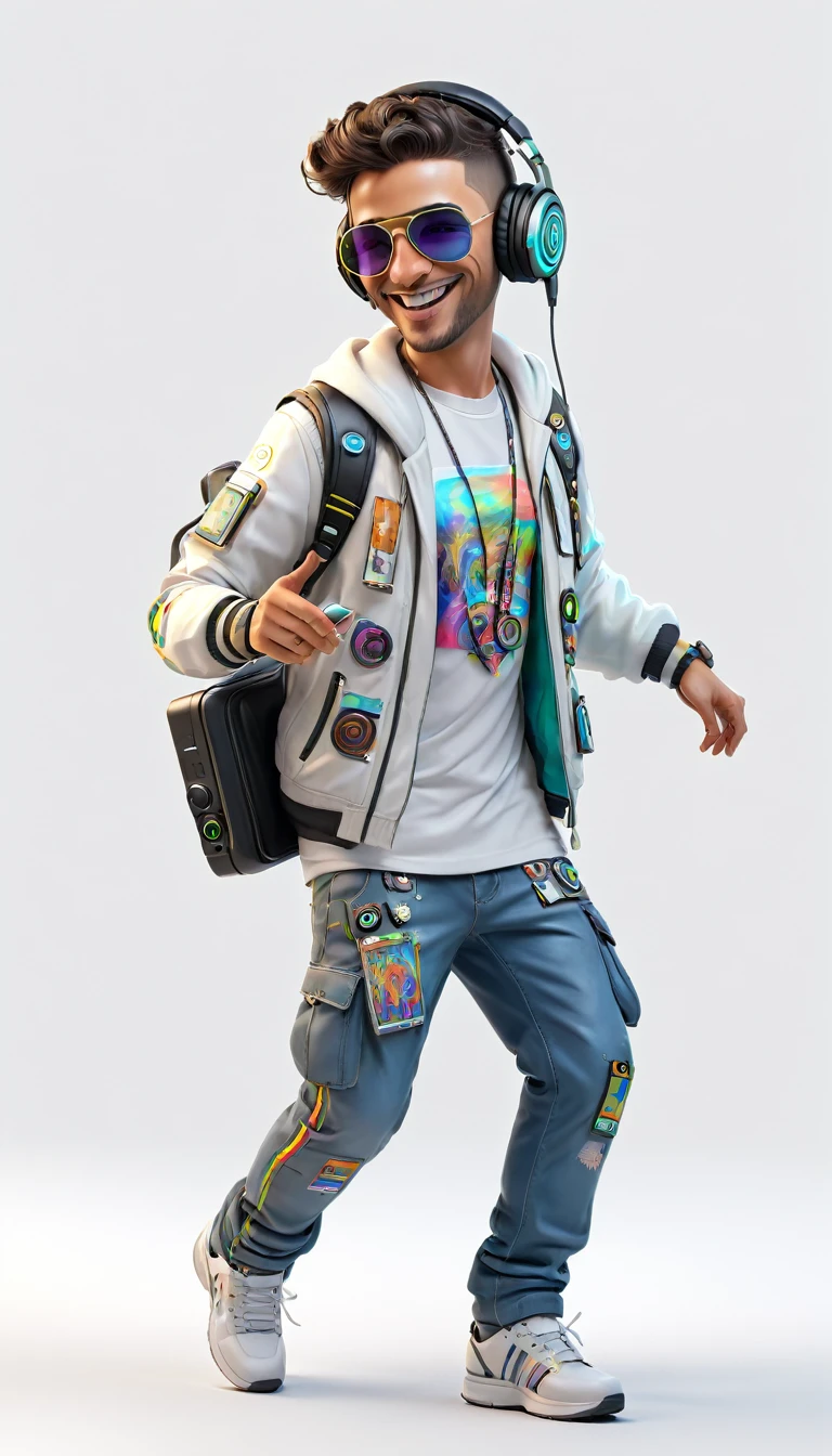 BRAZILIAN man brunette HAIR adult dressed in urban clothes, on a white background, ele é disc jockey, modern sophisticated equipment, you play records, and is PLAYING and DANCING his music and holographic signs, HAPPY on the road. are drinking and laughing, The uniform WHITE background and cyberpunk, high tech vibe. adorable digital painting, 3D rendering, bright lighting, swirly vibrant colors. adult people, pessoas bonitas, different faces.