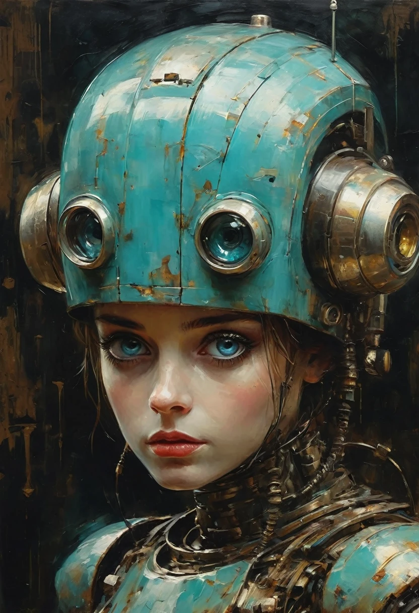 Full length view. Little funny robot, porcelain face and head, big turquoise eyes, perfect eyes, best quality. Beautiful cinematic impressionistic painting, Dark dramatic character, in the style of Jeremy Mann and Charles Dana Gibson, Mark Demsteader, Paul Hedley