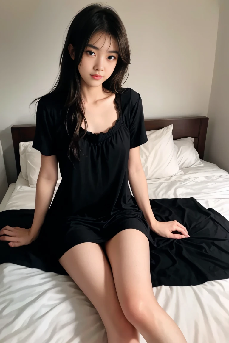 a beautiful 18 year old slim sexy female, black short sleeve nightdress, laying on a bed, visible legs, touching herself