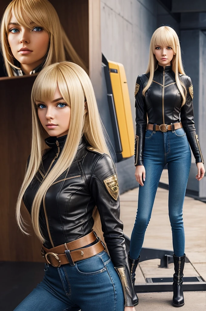 Anime style female character inspired by vintage space opera aesthetics, with elongated facial features, 165 cm tall, having blond, waist-length, wavy hair with V bangs, and blue eyes. She is wearing tight skinny jeans with high boots over them, adding an equestrian touch to her ensemble. The character's design reflects a blend of space opera elements and a realistic body proportion, highlighting her strong yet feminine presence.