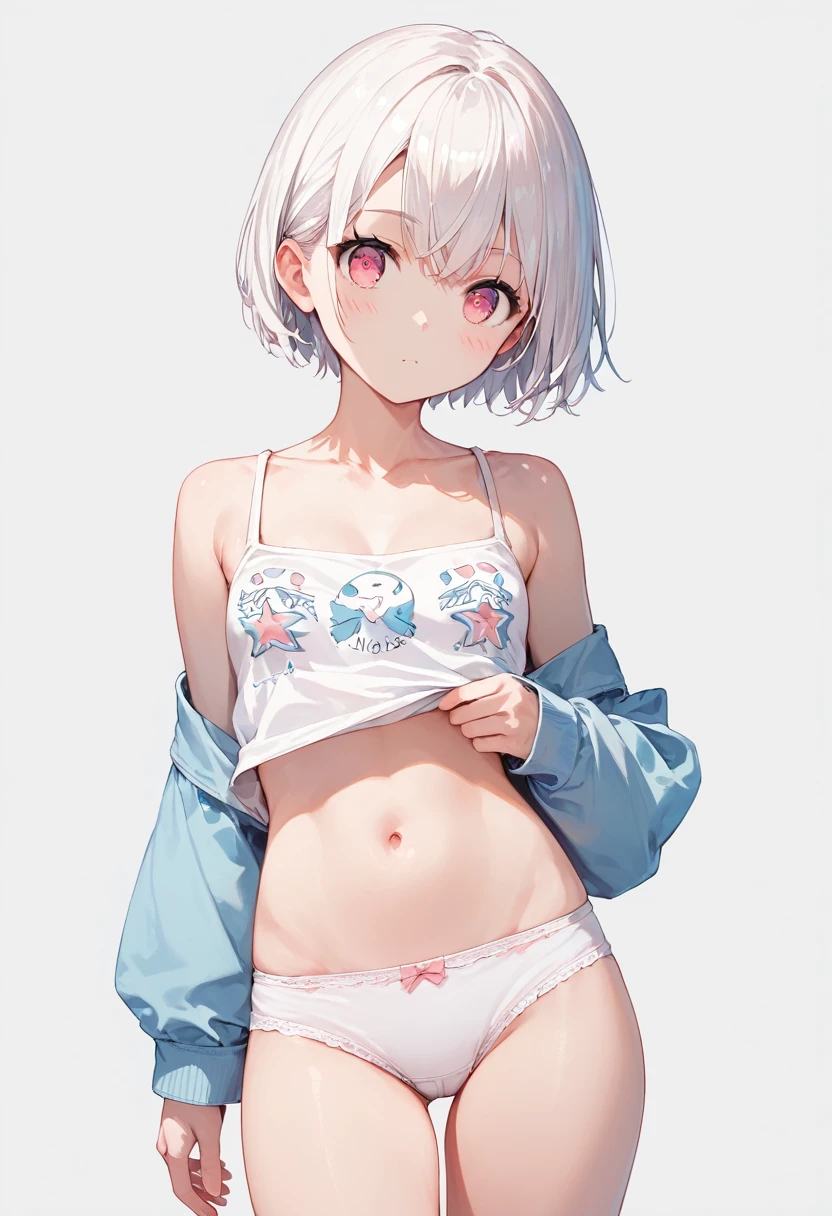 score_9, score_8_up, score_7_up,source_anime, high res image,masterpiece,best quality,girl,cute face,clear skin,simple background, jyojipan, panties, white hair, short hair, pink eyes,