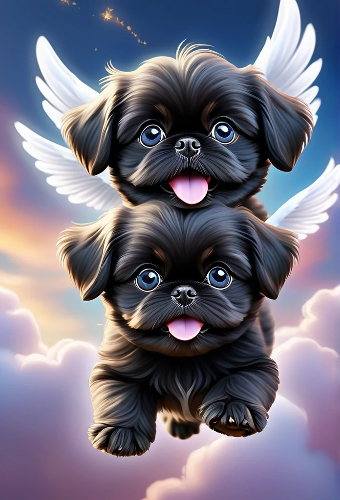 2 cute black Shih Tzu puppies flying through the sky, playful and joyful, adorable puppy with fluffy fur, big blue eyes and happy expression, puppy soaring gracefully through the clouds, magical fantasy scene, vibrant colors, whimsical lighting, highly detailed, 8k, photorealistic, digital art