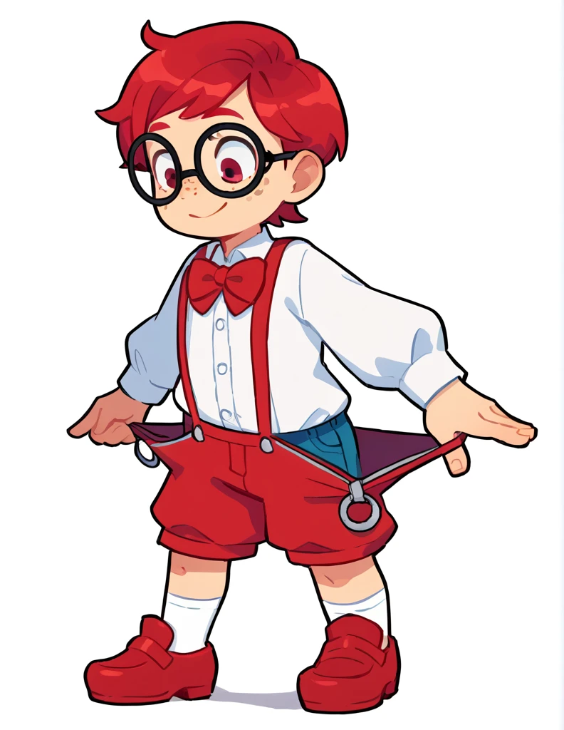 solo, The Q version of the cute human, male, falu red hair, freckles, short hair, round eyeglasses, big eyeglasses, human ears, looking down, undressing, pulling down his pants, bare feet, shoes scattered in the ground, body being partially exposed,, smiling, eyes looking down, happy, smile, cute, white background, full body, red bowtie, preppy uniform, short pants, long white socks, old shoes, paperboy outfit, victorian outfit, suspenders, shorstack, chubby,