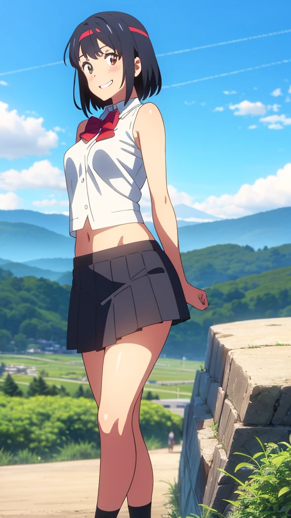 shinkai makoto, kimi no na wa., 1girl, bangs, black hair, blush, expressive eyes, brown eyes, perfect face, looking at the viewer, white shirt, exposed navel, bare shoulders, red headband, red bow, black skirt, short hair, solo, outdoors, shinny skin, smile, cute, grin, cloudy, blue sky, mountains, rocks, standing, (masterpiece), best quality