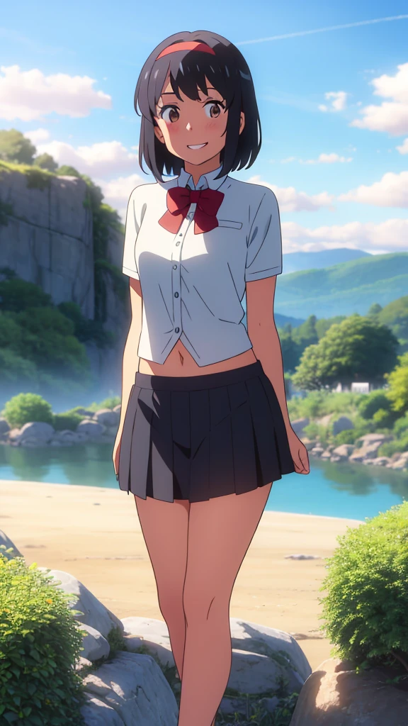 shinkai makoto, kimi no na wa., 1girl, bangs, black hair, blush, expressive eyes, brown eyes, perfect face, looking at the viewer, white shirt, exposed navel, bare shoulders, red headband, red bow, black skirt, short hair, solo, outdoors, shinny skin, smile, cute, grin, cloudy, blue sky, mountains, rocks, standing, (masterpiece), best quality