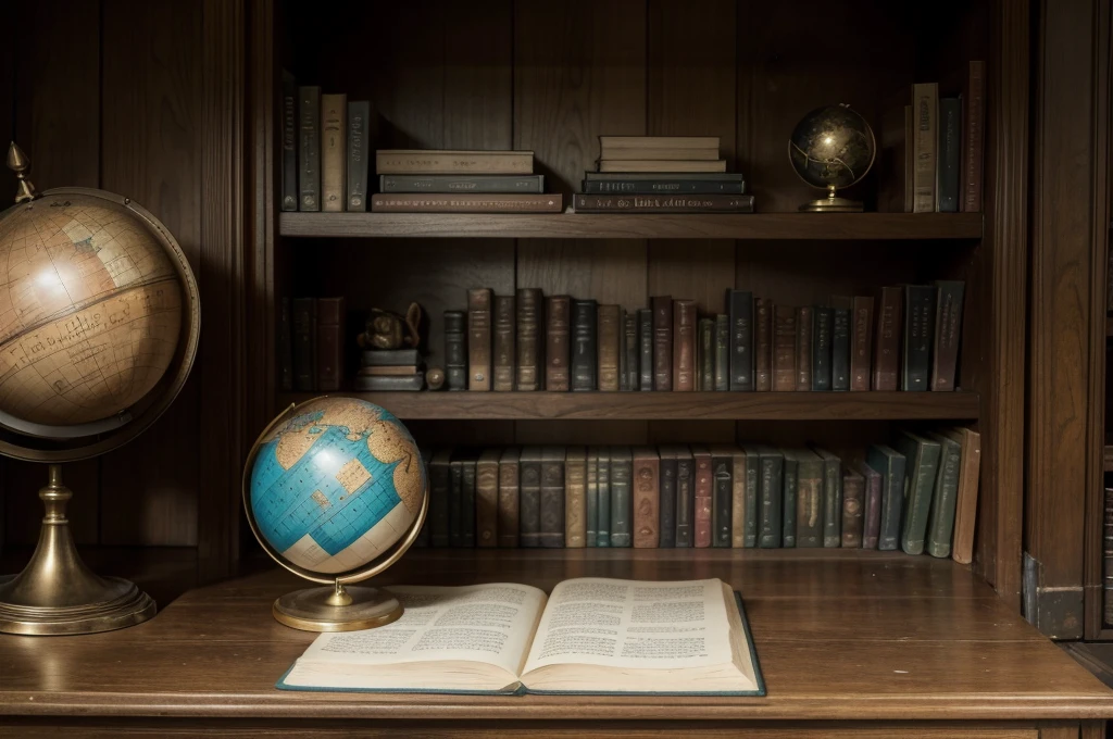 Background, bookshelf with several books and some items related to history, On top of the shelf there is a globe.