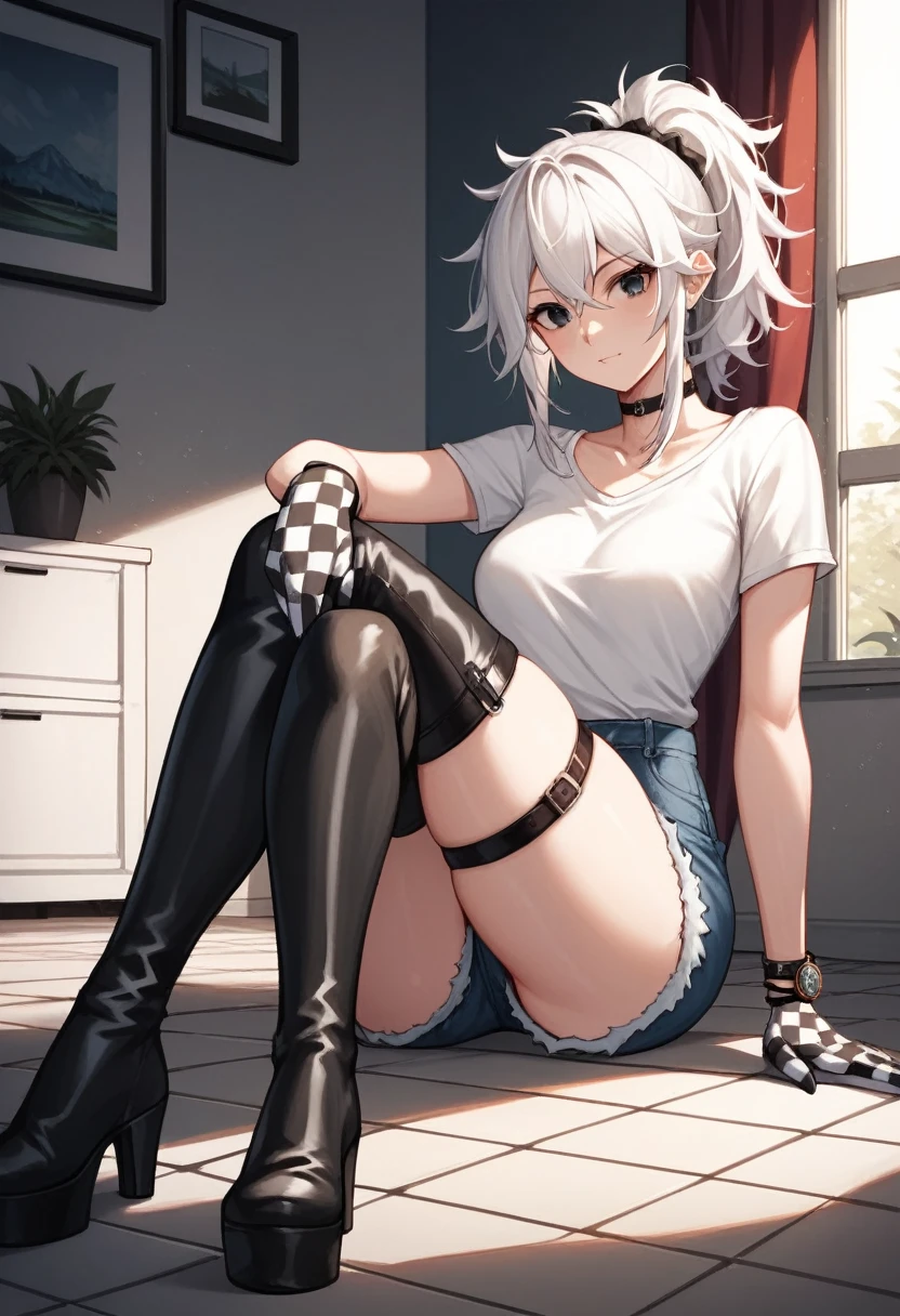 score_9, score_8_up, score_7_up, score_6_up, score_5_up, score_4_up, source_anime, 1woman, white hair, ponytail, black eyes, crossed legs, messy hair, white shirt, jeans shorts, leather bracelet, checkered gloves, thigh high boots, platforms, emotion, evening, hip strap, watch windows, sitting floor, pictures, rooms, chocker, best quality, best res, 4K UHD,
 