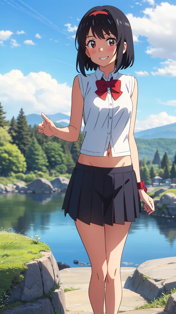 shinkai makoto, kimi no na wa., 1girl, bangs, black hair, blush, expressive eyes, brown eyes, perfect face, looking at the viewer, white shirt, exposed navel, bare shoulders, red headband, red bow, black skirt, short hair, solo, outdoors, shinny skin, smile, cute, grin, cloudy, blue sky, mountains, rocks, standing, (masterpiece), best quality