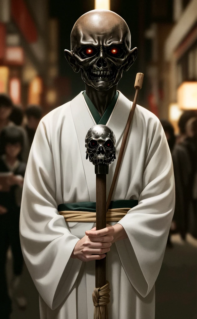 8k、Ultra HD、Horror-themed movie stills,夜の町の中央にCreepyに立っている、A short, skinny, bald old man wearing a traditional Japanese kimono with narrow eyes and a large head、Alien head shape、Carrying a walking stick、Shallow depth of field, Vignette, Very detailed, High budget, Bokeh, CinemaScope, Sulky, amazing, nice, Film Grain, granular . Creepy, Anxious, dark, Creepyな, Suspenseful, strict, Very detailed