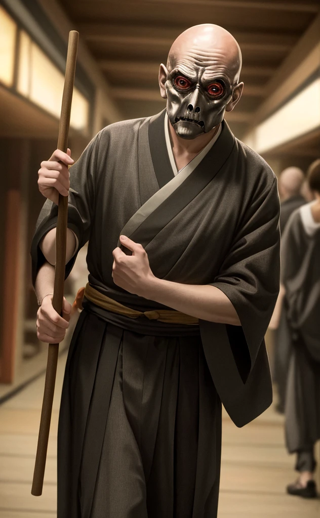 8k、Ultra HD、Horror-themed movie stills,夜の町の中央にCreepyに立っている、A short, skinny, bald old man wearing a traditional Japanese kimono with narrow eyes and a large head、Alien head shape、Carrying a walking stick、Shallow depth of field, Vignette, Very detailed, High budget, Bokeh, CinemaScope, Sulky, amazing, nice, Film Grain, granular . Creepy, Anxious, dark, Creepyな, Suspenseful, strict, Very detailed