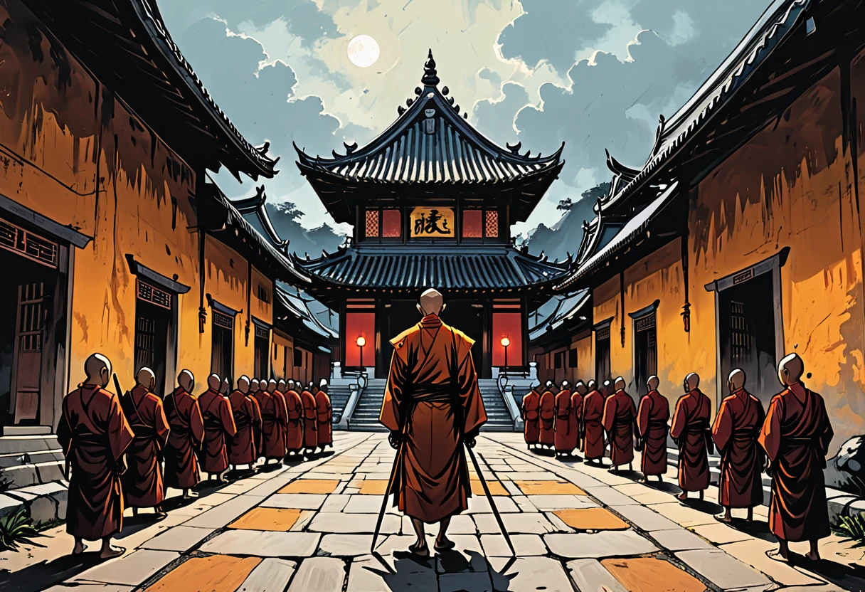  (graphic novel style, dark novel style, comic style, 2d:1.5), (hyperrealism, masterpiece:1.4), (colourful, soft cinematic light:1.1), incredibly lifelike, Extremely high-resolution details, 8k, 
Many monks with stakes surrounded a black demon with horns, Buddhist monks with stakes, in the courtyard of a Buddhist temple, outside, night, Angry monks in kashaya,