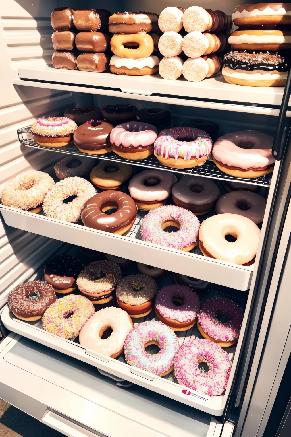 image of a freezer full of packaged donuts and around people men women happy and happy with their lives because of the donuts 
