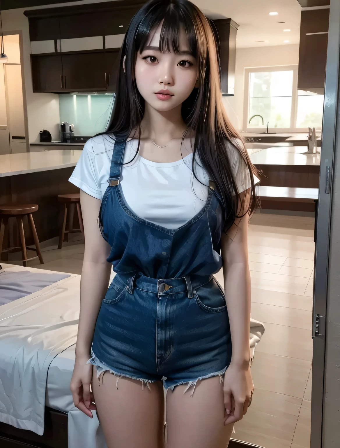 arafed asian woman with a white shirt and blue shorts, lalisa manobal, 18 years old, young cute wan asian face, with bangs, gemma chan beautiful girl, 1 8 yo, gorgeous chinese model, gorgeous young korean woman, beautiful asian girl, ayami koj ima, instagram model, neat hair with bangs, young asian girl