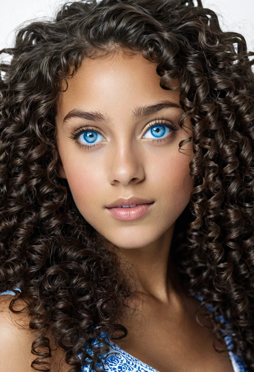 black girl withe very very curly long hair and blue eyes