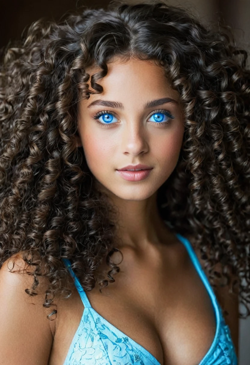 black girl withe very very curly long hair and blue eyes