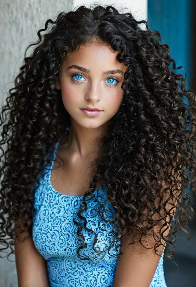 black girl withe very very curly long hair and blue eyes